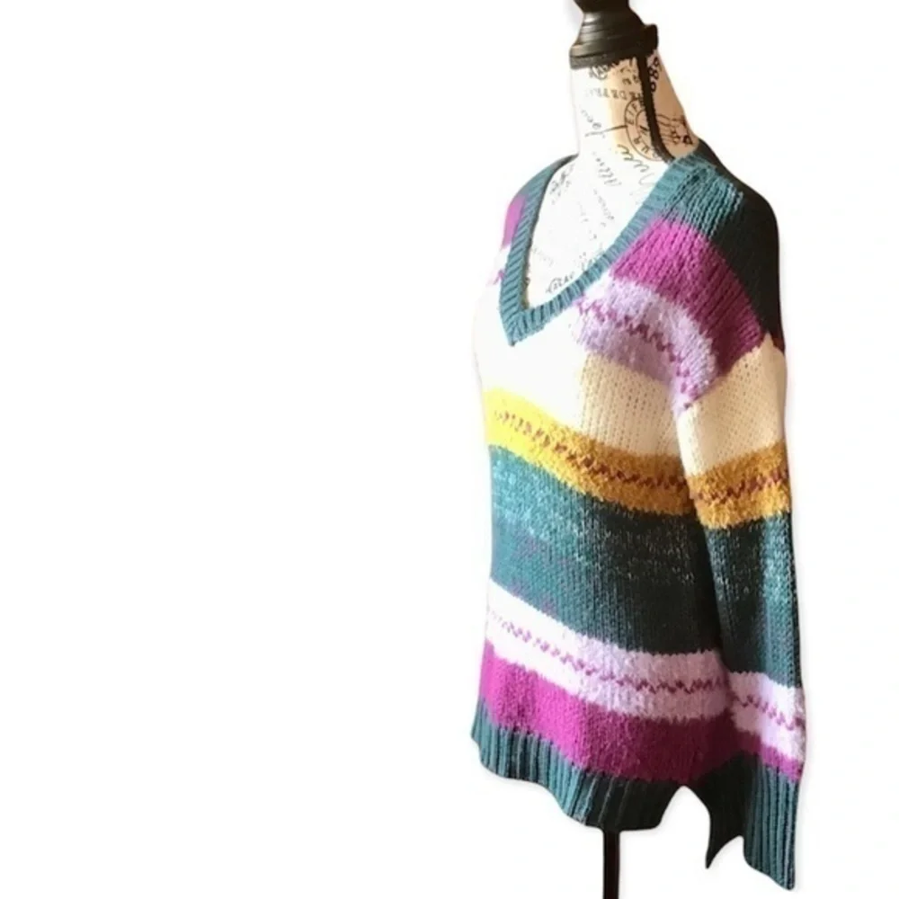 Caslon Striped V-Neck Knit Sweater Womens XS Colorblock Pullover Coastal Preppy